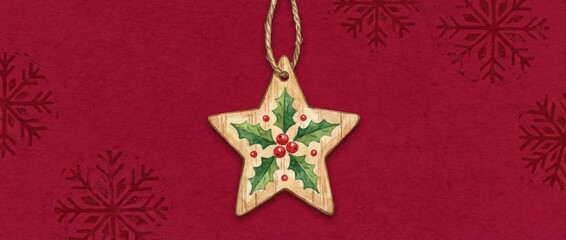 Fototapeta premium Festive christmas ornament with holly decoration on red background for holiday greeting card design