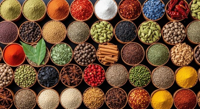 Assorted vibrant spices create a colorful mosaic of global flavors and culinary delight