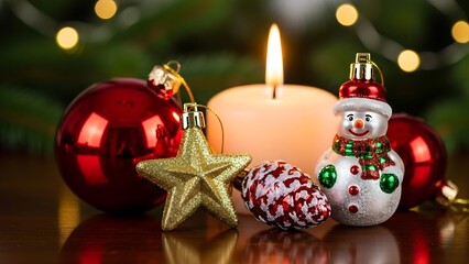 Festive Christmas Still Life with Candle and Ornaments.