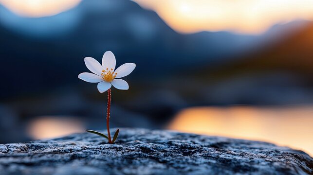 A single white flower blooms on a rock in a mountain landscape at sunset, with a blurred background of mountains and a lake.