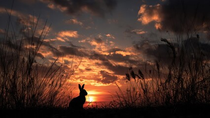 Serene easter sunset with silhouetted rabbit and vibrant sky