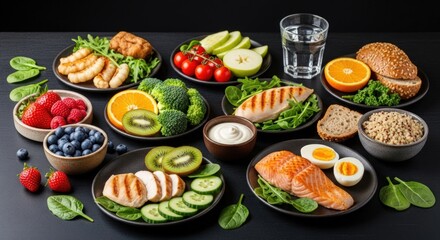 A delicious, healthy food assortment on a black table makes eating well feel easy and vibrant.