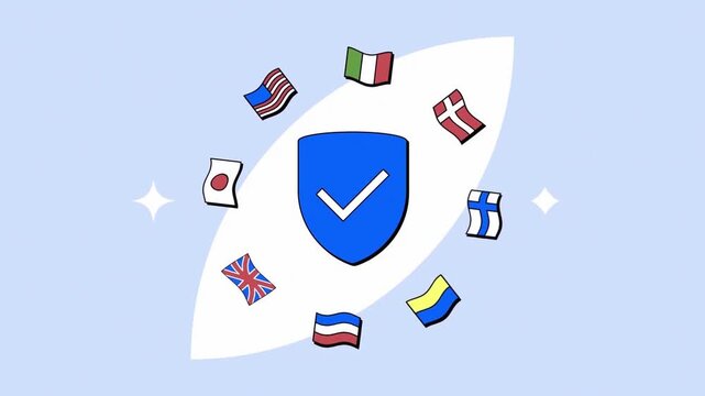 International security shield, world flags, global protection, policy agreement, safety strategy, animated 2D, flat vector illustration, international collaboration
