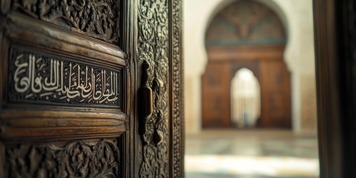 Intricate carved wooden door opening into grand mosque in turkey