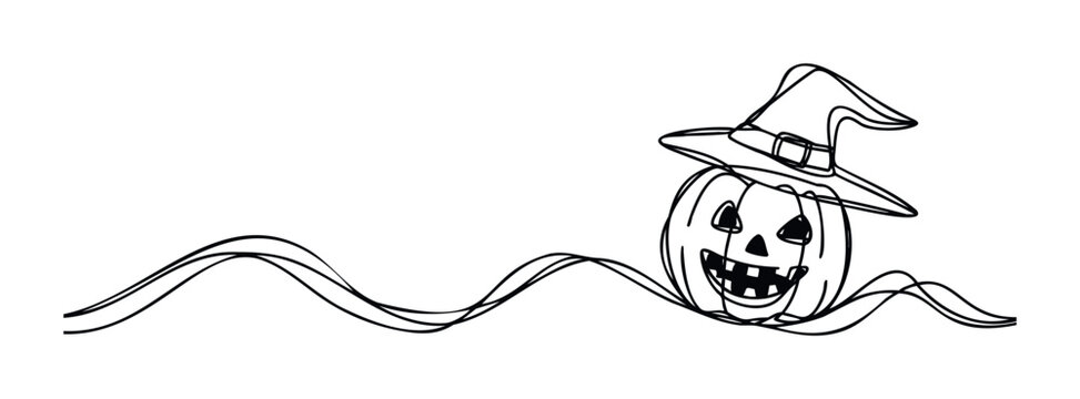 Whimsical Halloween pumpkin with witch hat and flowing wavy lines creating a festive and playful atmosphere perfect for holiday promotions and celebrations