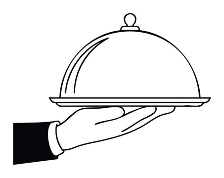 Hand in suit holding a covered serving dish for restaurant meal presentation or catering service occasion
