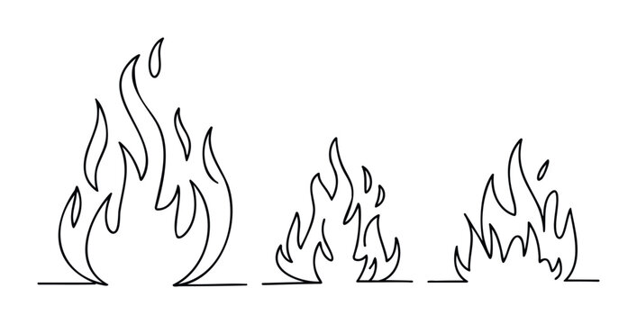 Set of hand drawn flame outlines representing different sizes of fire, perfect for adding a fiery visual element to graphics and designs.