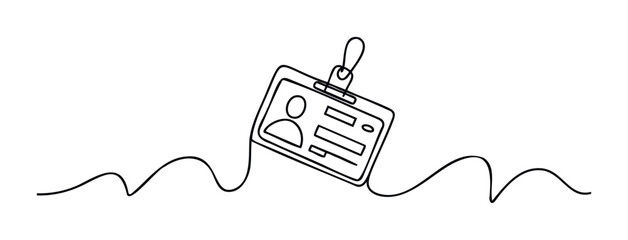 Continuous line drawing of an identity badge with lanyard, symbolizing access and verification for professional settings and security purposes.