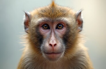 Fototapeta premium Close up portrait of monkey face. Macaque primate with brown fur looks directly forward. Wild animal expressive eyes, pink nose. Nature wildlife animal in focus. Young curious macaque observes