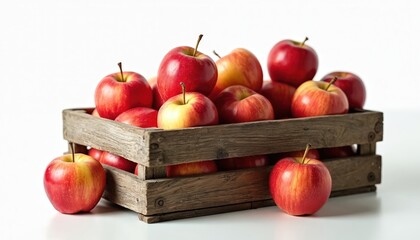 Fresh red apples in wooden box isolated on white background. Ripe organic fruit from autumn harvest in rustic crate. Healthy food for vegetarian diet, clean eating. Natural sweet snack from local