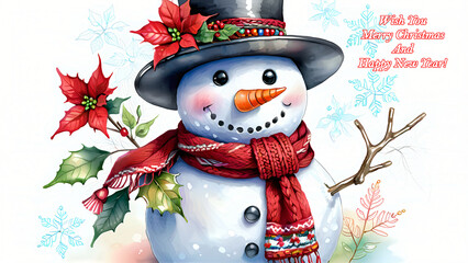 Merry Christmas and happy new year. Greeting card with snowman illustration.