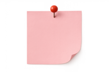 Pink blank sticky note paper with a red pushpin, creating a reminder, message, or memo concept, transparent background