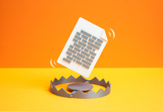 A contract document over a trap. A contract with unfavorable terms. User agreement. Legal pitfalls and risky commitments. Consumer rights education, legal consulting and corporate compliance.