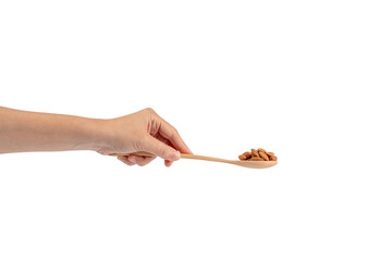 Wooden spoon with almonds in hand on transparent background