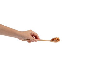 Wooden spoon with almonds in hand on transparent background
