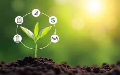 A young plant sprouts, encircled by icons representing sustainable growth, financial stability, and community development, set against a lush green background.  The sun shines brightly in the backgrou