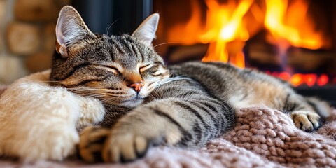Cozy Tabby Cat Snuggled by a Glowing Fireplace Wrapped in a Warm Blanket for Winter Comfort