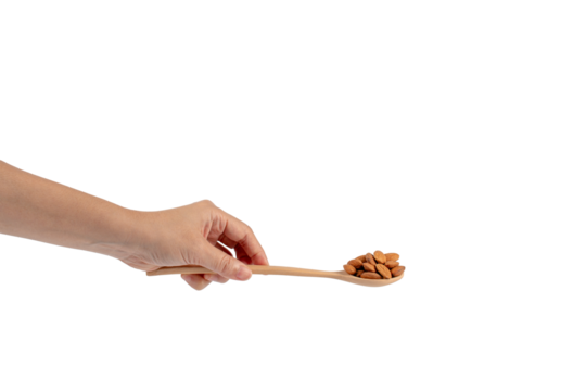 Wooden spoon with almonds in hand on transparent background - Powered by Adobe