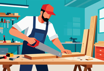 Obraz premium A craftsman in overalls and cap saws wood on a workbench in a workshop. Tools and materials surround him