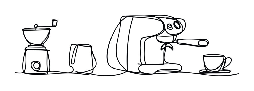 Minimalist line drawing of a coffee grinder, milk pitcher, espresso machine, and cup, perfect for cafe branding and beverage promotion.