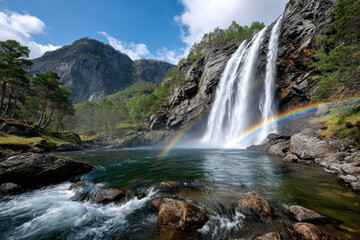 Fototapeta premium Double Rainbow Beneath Waterfall in Mountain Valley