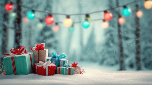 Festive christmas presents piled high on a snowy forest floor beneath glowing string lights
