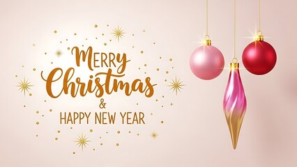 Naklejka premium Merry christmas and happy new year greeting with festive ornaments and gold glittery text on pink background