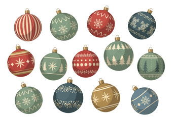 A collection of twelve vintagestyle Christmas ornaments in red green blue and gold tones