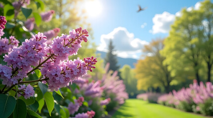 Delicate purple lilac flowers with soft, ruffled petals and bright green stems blossom in a lush garden, set against a vibrant spring background with warm sunlight casting a gentle glow, surrounded 