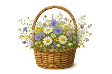 Wicker basket overflowing with colorful wild spring flowers, daisies, cornflowers, and small blossoms, transparent background
