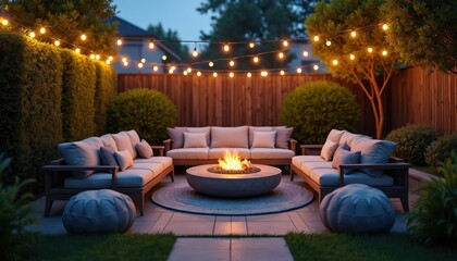 Backyard patio scene with sofas around a fire pit under string lights. Comfortable outdoor living space invites relaxation and social gatherings in a serene evening ambiance. Enjoy nature.
