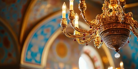 Golden chandelier illuminating a colorful ceiling in a turkish building