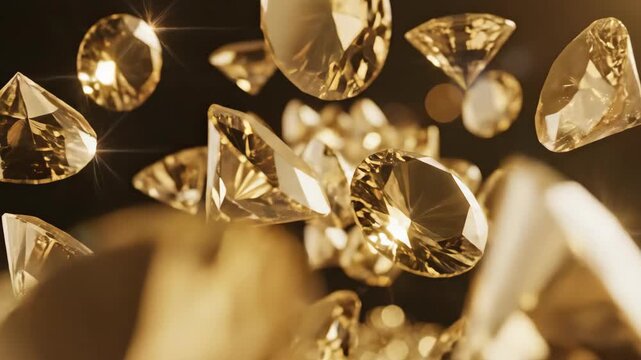 Closeup of Falling Gold Diamonds Sparkling in Bright Light with Shimmering Effect