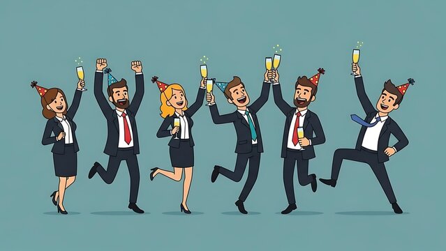 Group of people in business attire celebrating with trophies and party hats, running and jumping with joy