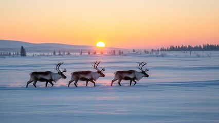 Reindeer herd crossing snowy landscape at sunset in Lapland.