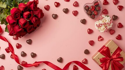 Romantic Valentine’s Day 2026 flat lay with red roses, heart-shaped chocolates, ribbon and gift box on pastel pink background. Festive love theme, sweet celebration, modern holiday design.
