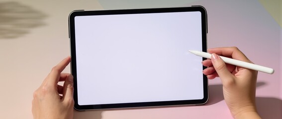 Top view of hands holding tablet with blank screen and white stylus on pink surface.