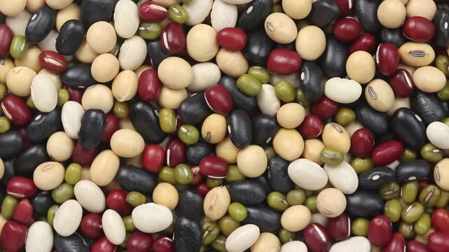 Top view of a rotating pile of five mixed beans (black, red, green, white, and soybeans) for background texture.