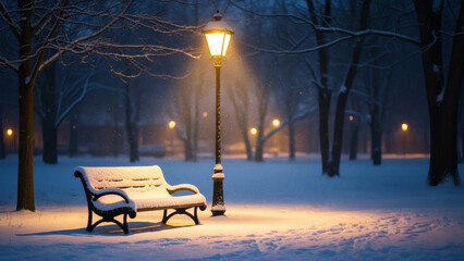 Serene Winter Night in a Snow-Covered Park with a Luminous Lamppost Illuminating a Peaceful, Empty Bench, Evoking a Tranquil and Magical Atmosphere