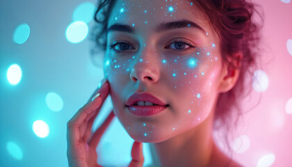 Portrait of a beautiful woman with glowing dots on skin. She touches her face. Background with blurred light spots. Concept of futuristic beauty tech and digital skincare.