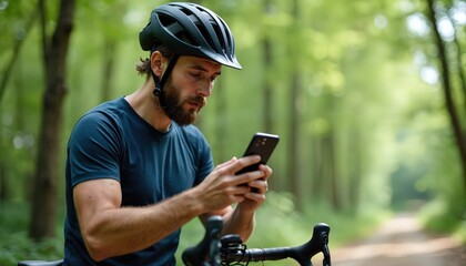 Cyclist in forest checks mobile phone for GPS app. Man wears helmet, rides bicycle on path. Athlete uses tech for navigation. Outdoors active lifestyle.