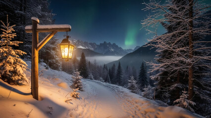 Enchanting winter night landscape illuminated by a warm lantern, revealing a snowy path leading into a majestic mountain forest under a vibrant aurora borealis sky