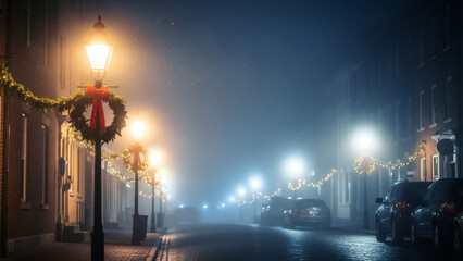 Misty Winter Night Transforms a Quiet City Street into a Festive Wonderland, Adorned with Warm, Glowing Christmas Lights and Decorative Wreaths