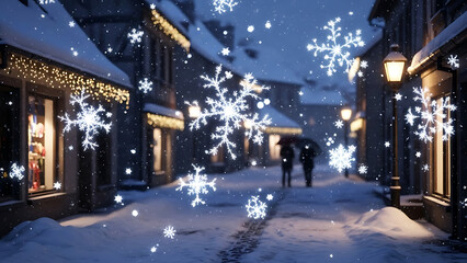 Snowy winter street scene with people walking under umbrellas and illuminated shop windows and snowflakes