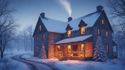 A charming stone house nestled in a serene winter landscape, adorned with festive holiday lights and wreaths, creating a warm, inviting glow under a twilight sky