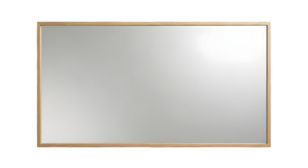 Simple wooden framed rectangular mirror on a black background