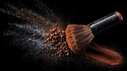 Luxurious makeup brush releasing bronzer powder on a dramatic black backdrop, perfect for cosmetic ads, beauty blogs, and elegant social media campaigns, highlighting glamour and sophistication