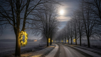 Enchanting Moonlit Winter Avenue Illuminated by Golden Holiday Wreaths, a Serene and Magical Nighttime Journey