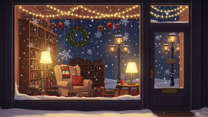 Charming bookstore window scene illuminated by warm lights, showcasing a cozy reading nook amidst a gentle winter snowfall and festive holiday decorations