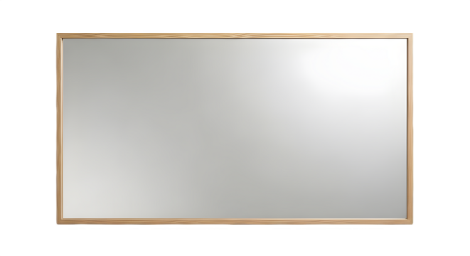Simple wooden framed rectangular mirror on a black background